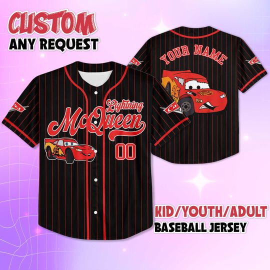 Discover Personalized McQueen Black Baseball Jersey, Custom Disney Car Shirt, Disneyland Jersey Gift for Kids & Disney Fans