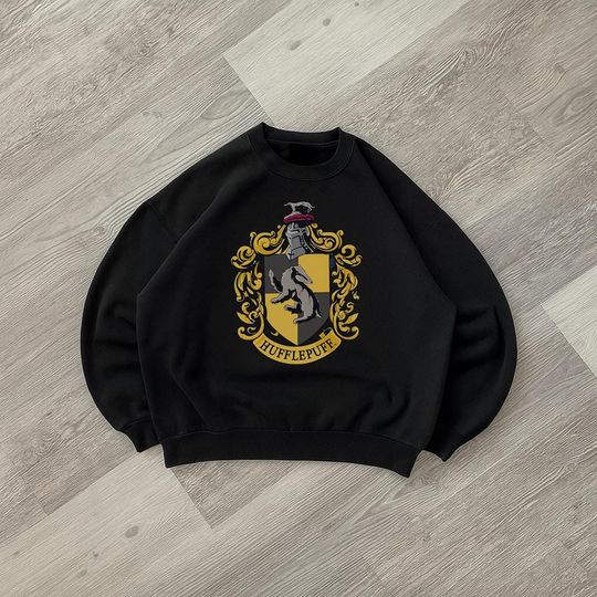 Hufflepuff House Crewneck Sweatshirt, Wizard School Badge Emblem Sweater, Heavy Blend Cozy Fan Gift, Universal Trip Pullover