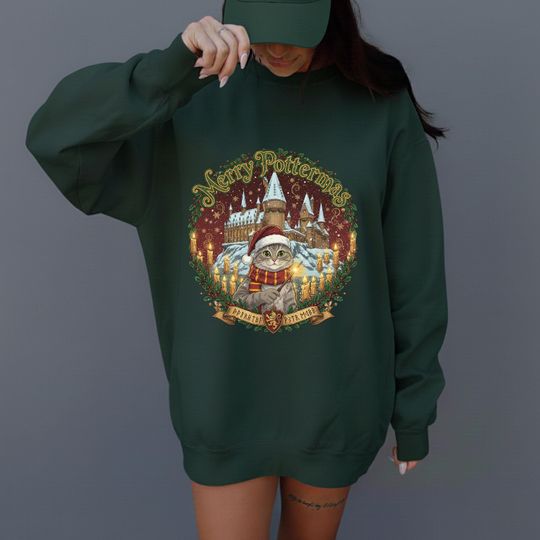 Merry Pottermas Cat Sweatshirt, Funny Wizard Cat Christmas Sweater, Harry Potter Inspired Cozy Holiday Gift for Cat Lovers