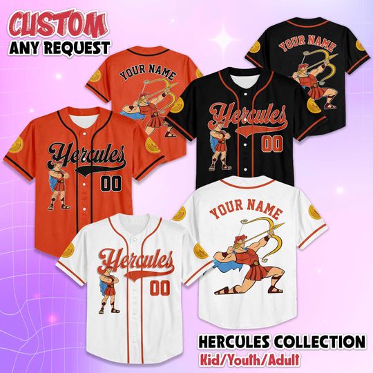 Discover Personalized Hercules Baseball Jersey, Custom Disney Hero Shirt, Greek Mythology Team Outfit, Matching Family Tee, Unique Gift for Fans