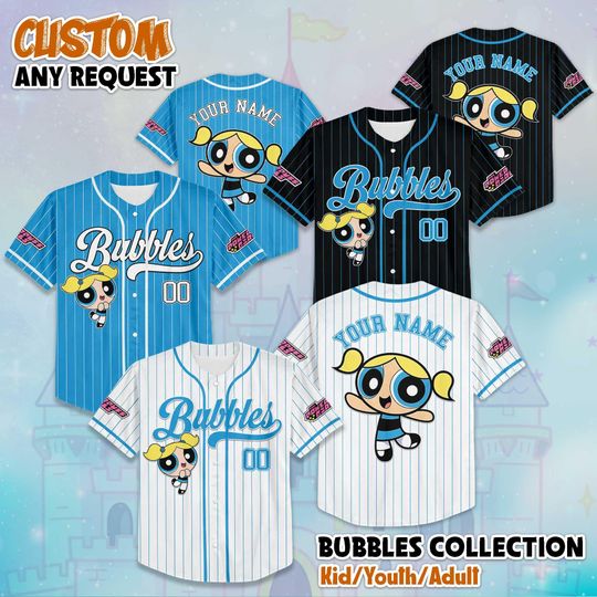 Discover Personalized The Powerpuff Girls Bubbles Baseball Jersey, Bubbles Powerpuff Girls 90s Cartoons, Retro PowerPuff Girls Jersey, Gift for Fan