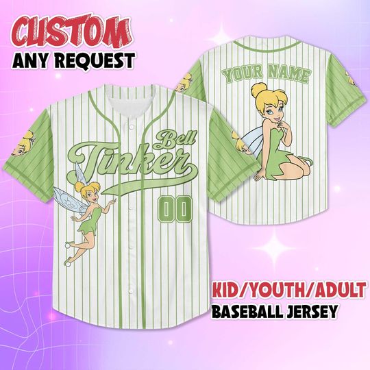 Discover Custom Disney Tinker Bell Baseball Jersey, Personalized Fairy Jersey Shirt, Disneyland Baseball Team Outfit, Birthday Gift
