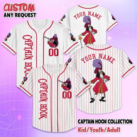 Discover Custom Disney Captain Hook Baseball Jersey, Personalized Villain Jersey Shirt, Peter Pan Outfit, Birthday Gift