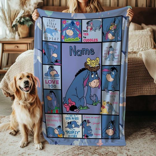 Discover Disney Eeyore Quote Fleece Blanket for Nursery, Custom Name Winnie the Pooh Eeyore Gift, Blue Baby Blanket