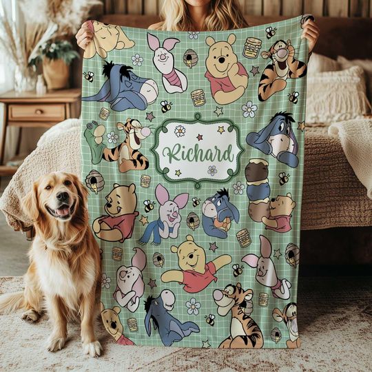 Discover Disney Winnie The Pooh Fleece Blanket, Baby Nursery Throw, Pooh Bear Birthday Gift, Green Cotton Blanket