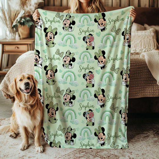 Discover Disney Minnie Mouse Fleece Blanket for Kids, Pastel Green Bow, Birthday Girl Nursery Baby Blanket