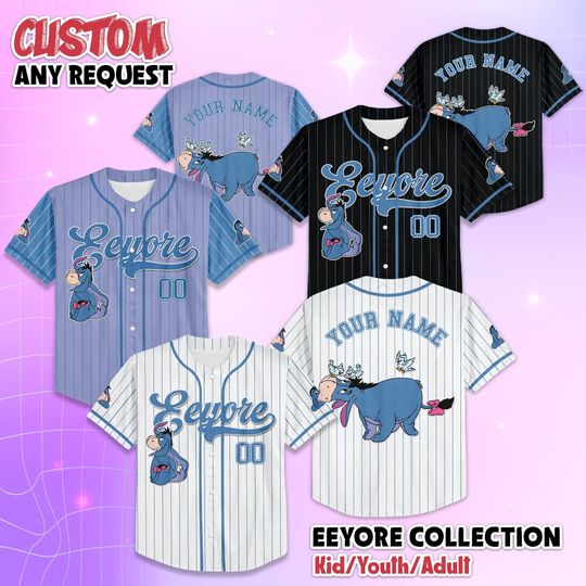 Discover Personalized Eeyore Baseball Jersey, Disney Winnie the Pooh Shirt, Cartoon Team Outfit, Disneyland Vacation Tee, Birthday Gift for Fans