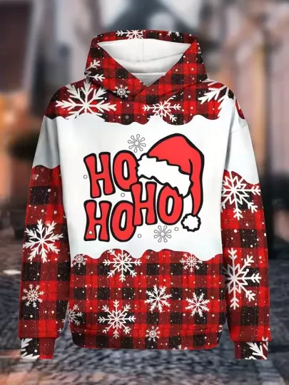 Discover HO HO HO Hoodie 3D Print Red Plaid Santa Hat Christmas Gift Unisex
