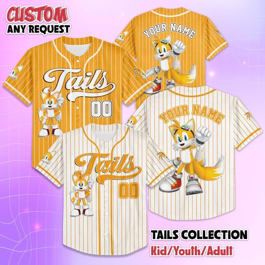 Discover Custom Tails Baseball Jersey, Sonic the Hedgehog Jersey Shirt, Matching Family Tee, Birthday Gift for Kids Adult Youth