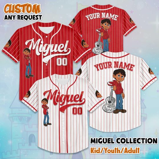 Discover Custom Miguel Baseball Jersey, Personalized Disney Coco Shirt, Disney Matching Family Outfit, Retro Cartoon Jersey