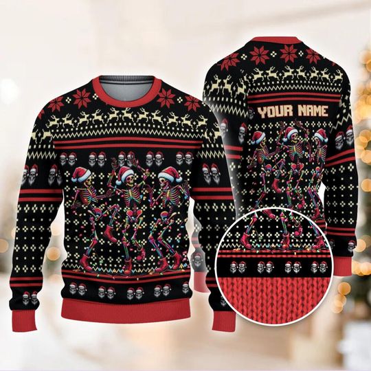 Personalize Christmas Dancing Skeleton Ugly Christmas Sweatshirt, Custom Funny Christmas Ugly Sweater, Xmas Gift 2025