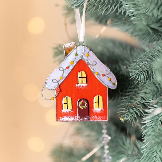 Gingerbread House Stained Glass Suncatcher, Christmas Ornament, Window Hanging, Mother-in-Law Gift