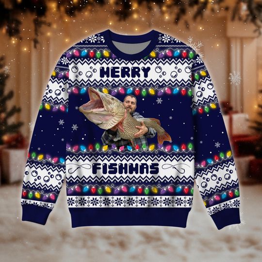 Custom Fishing Ugly Christmas Sweater, Merry Fishmas Gift, Personalized Holiday Shirt for Men.