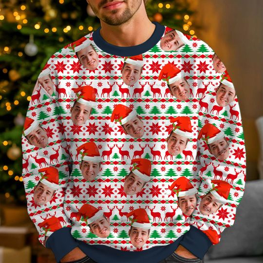 Custom  Face Christmas Ugly Crewneck Sweatshirt, Ugly Christmas Pattern, Thanksgiving Gifts, Christmas Gift, Custom Face