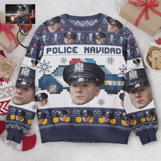 Discover Custom Police Navidad Ugly Sweater, Christmas Photo Ugly Sweater, Christmas Shirt 2025, Custom Christmas Sweater