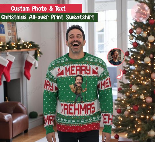 Discover Custom Face Christmas Sweatshirt, Personalized Photo & Text Ugly Sweater, Funny All-Over Print Xmas Gift for Him Her, Merry Trekhmas Holiday