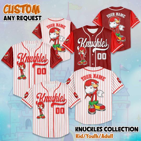 Discover Personalized Knuckles Baseball Jersey, Custom Sonic the Hedgehog Shirt, Knuckles Outfit, Matching Family Tee, Gift for Fans