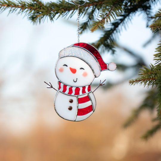 Snowman Stained Glass Suncatcher - Christmas Ornament for Home Decor