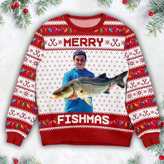 Custom Merry Fishmas Ugly Sweater, Unique Fishing Lover Gift, Personalized Photo Fisherman Apparel, Holiday Present for Anglers