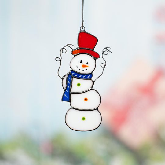 Stained Glass Snowman Ornament for Christmas Holiday Decor