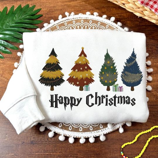 Discover Happy Christmas Embroidered Sweatshirt, HP Four Houses Tree Retro Holiday Tee, Wizard Potter Cartoon Movie, Gift For Her ESH6225.DT