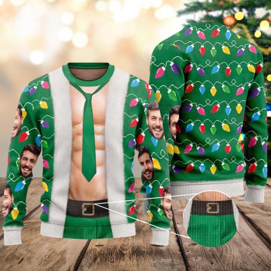 Custom Face Muscle Chest Ugly Sweater, Funny Christmas Lights Sweatshirt, Personalized Holiday Pullover Gift for Him