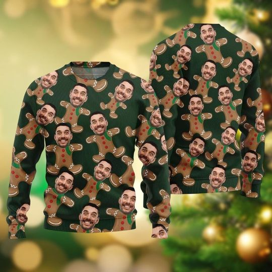 Discover Personalized Ugly Christmas Sweater With Photo Face, Gingerbread Christmas Sweater, Custom Cookies Xmas Sweater Gift For Men Women Kid