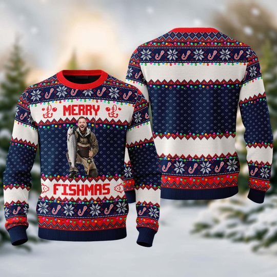 Custom Merry Fishmas Gift For Fishing Lovers Ugly Sweater Shirt, Personalized Photo Ugly Sweater, Christmas Gift For Dad Grandpa