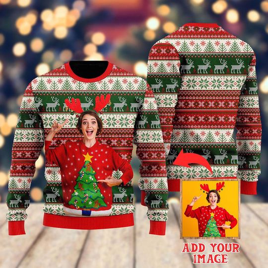 Discover Custom Photo Ugly Christmas Sweater, Personalized Holiday Jumper with Your Picture, Funny Xmas Party Outfit, Unique Gift for Family