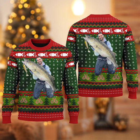 Personalized Photo Fishing Christmas Ugly Sweater, Merry Fishmas Ugly Sweater, Fisherman Xmas Jumpers, Photo Gift For Fishing Lovers