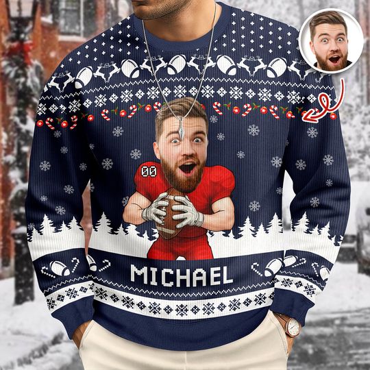 Custom Face Football Christmas Sweater, Personalized Ugly Xmas Sweater with Name, Funny Sports Gift for Men, Custom Holiday Outfit
