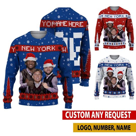 Discover Personalized Jaxson Dart Cam Skattebo Malik Nabers Ugly Sweater, New York Bros Funny Christmas Hoodie, Football Christmas Gifts Shirt