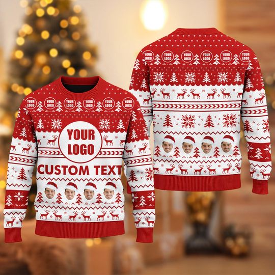 Custom Your Logo Ugly Christmas Sweater, Personalized Logo Team Xmas Holiday Sweatshirt, Custom Photo Image Christmas Shirt For Company