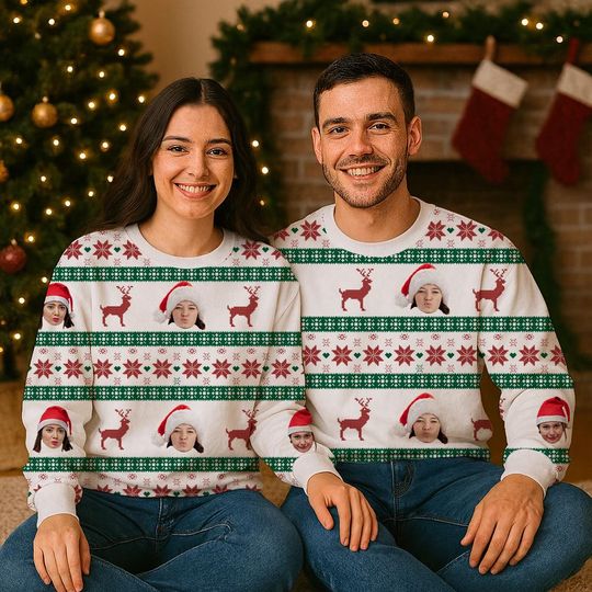 Discover Custom Face Ugly Christmas Sweater, Personalized Photo Sweatshirt, Gift for Friends Family, Santa Hat Holiday Jumper, Custom Ugly Sweater