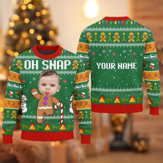 Discover Personalized Oh Snap Gingerbread Face Photo Ugly Sweater, Custom Photo Christmas Ugly Sweater, Face Photo Sweatshirt, Picture Xmas Shirt