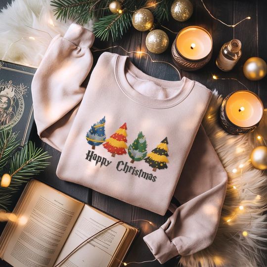 Discover Christmas Tree Embroidered Shirt, Happy Christmas Trees Sweatshirt, Wizard School Shirt, Magical Fantasycore, Wizard Movie Fan Gift