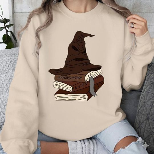 Discover Sorting Hat Book Stack Shirt | Cozy Wizard School Crewneck | Vintage Magic Aesthetic Gift | Embroidered Style, Gift for Harry Fan PSJ1080.DT