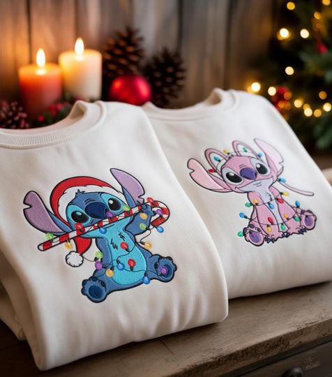 Discover EMBROIDERED Stitch & Angel Christmas Sweatshirt, Disney Matching Holiday Sweater, Cozy Xmas Lights Crewneck, Cousin Disney Shirt, ESD981-982
