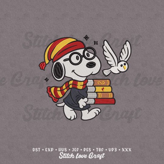 Discover Magical Books Dog Embroidery Design: Snowy Owl, Wizard Character Dog (4 Sizes, Multiple Formats)
