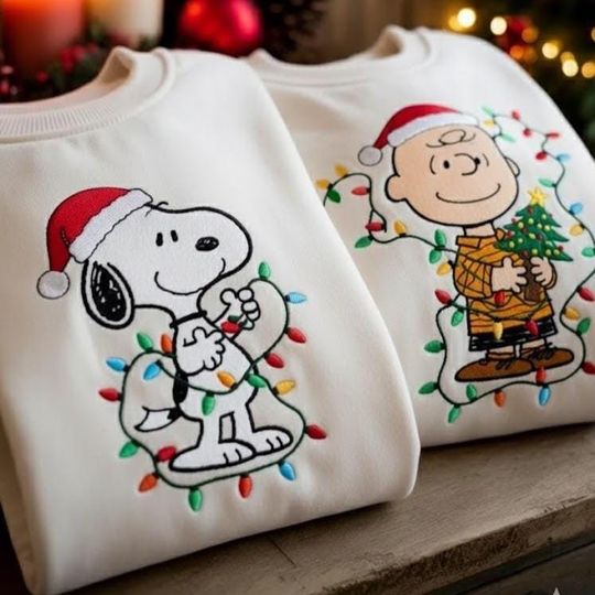 Discover Embroidered Snopy Friends Christmas Sweatshirt, Christmas Winter Tee, Cartoon Movie, Disneyland Vacation, Gift For Friends ESH6307-6308
