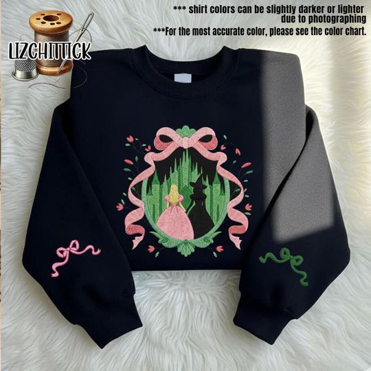 Embroidered Coquette Bow Wicked Sweatshirt, Glinda and Elphaba Shirt, Retro Wizard of Oz Crewneck, Defying Gravity Outfit, Broadway Gift
