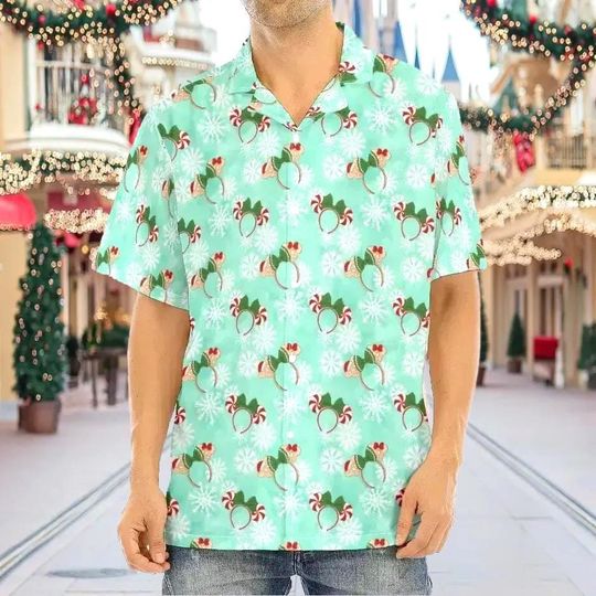 Discover Christmas Minnie Ears Adults Kid Button Short Sleeve Shirt | disney world disneyland mommy and me family dad gingerbread peppermint hawaiian