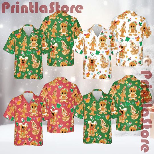 Discover Mickey and Friends Gingerbread Hawaiian Shirt, Disney Christmas Party Tee, Mickeys Very Merry Holiday Hawaiian Shirt