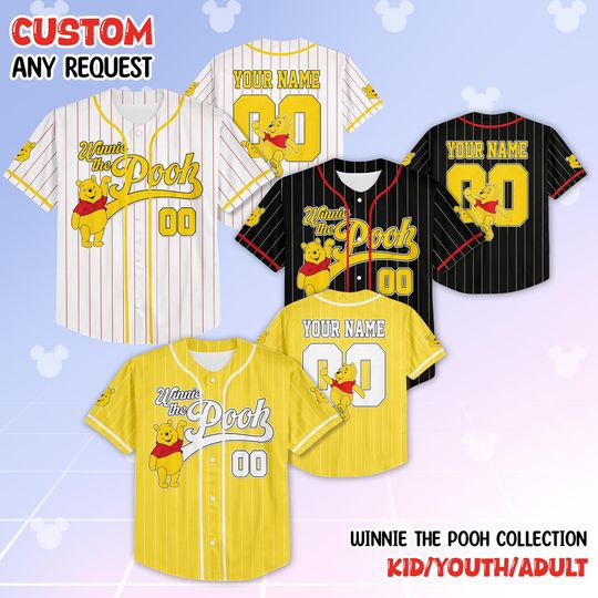 Discover Personalized Winnie the Pooh Baseball Jersey, Custom Disney Pooh Shirt, Disney Baseball Team Outfit, Birthday Gift