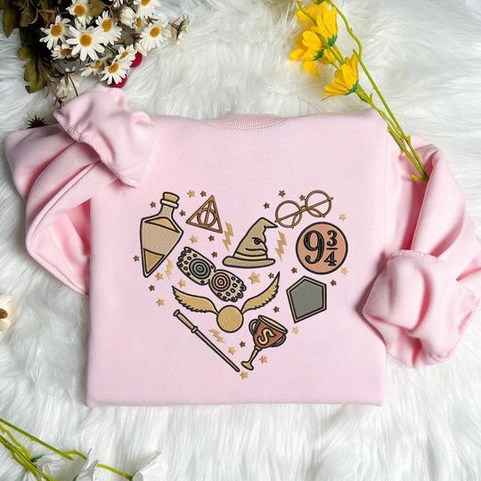 Discover Magic Wizard Heart Embroidered Sweatshirt, Cozy Fantasy Bookish Tee, Book Lover Shirt, Retro Shirt Gift For Fans HP ESH5806