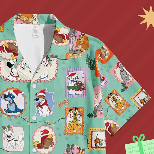 Discover Disney Dogs Christmas Hawaiian Shirt, Disney Xmas Shirt, Pluto Slinky dog Lady and the Tramp, Disney Dog Shirt