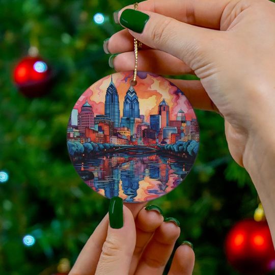 Discover Beautiful watercolor Philadelphia , Philly City Skyline Ceramic Ornament, Christmas Ornament