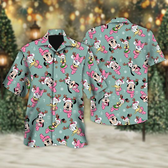 Discover Disney Mickey Minnie Mouse Christmas Hawaiian Shirt, Cute Mickey Minnie Christmas Themed Button Up, Disney Outfit, Disney Xmas Shirt