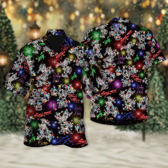 Discover Disney Mickey & Friends Christmas Bright Neon Lighting Button Up, Mickey Minnie Neon Lighting Christmas Hawaiian Shirt, Neon Christmas Shirt