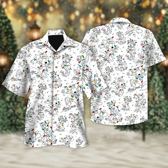 Discover Disneyland Mickey And Friends Signature Christmas Hawaiian Shirt, Xmas Button Up, Mickey Mouse Donald Duck Goofy Christmas Light Hawaii Tee